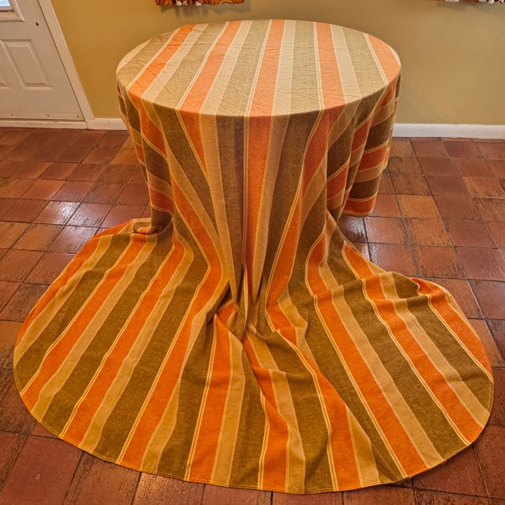 Vintage 70s Sears bedspread, bold orange, green stripes, Queen size bed